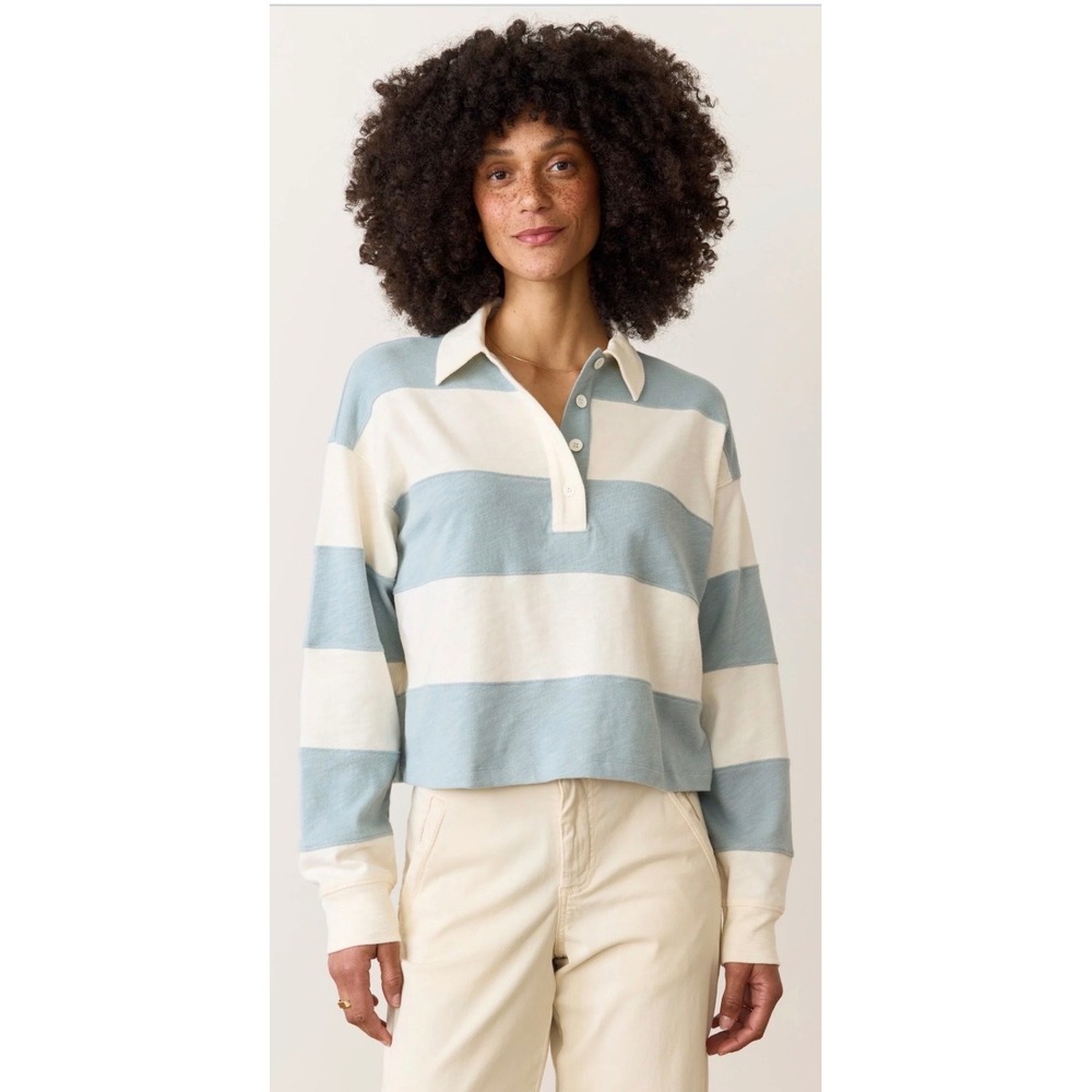 Marine Layer Women's Large Striped Rugby Polo Shirt Long Sleeve Cropped Preppy